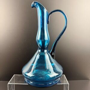 Vintage Blue Art Glass Pitcher Hand Blown 13" Mid Century Modern Teal